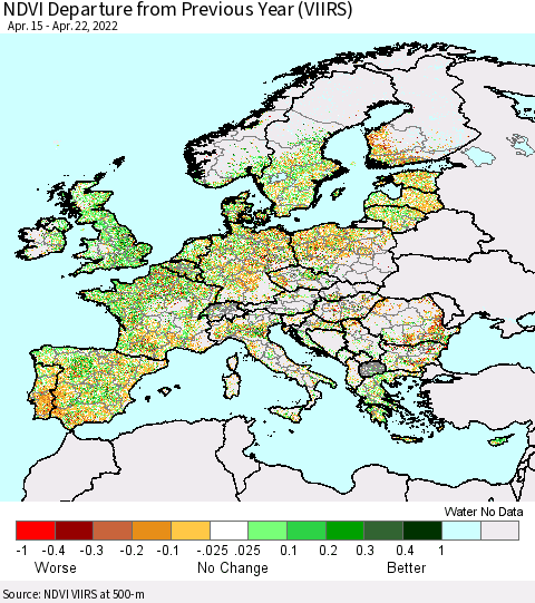 Europe NDVI Departure from Previous Year (VIIRS) Thematic Map For 4/15/2022 - 4/22/2022
