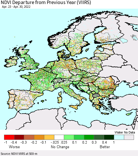 Europe NDVI Departure from Previous Year (VIIRS) Thematic Map For 4/23/2022 - 4/30/2022