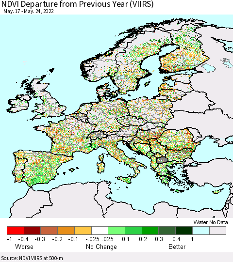 Europe NDVI Departure from Previous Year (VIIRS) Thematic Map For 5/17/2022 - 5/24/2022
