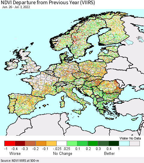Europe NDVI Departure from Previous Year (VIIRS) Thematic Map For 6/26/2022 - 7/3/2022