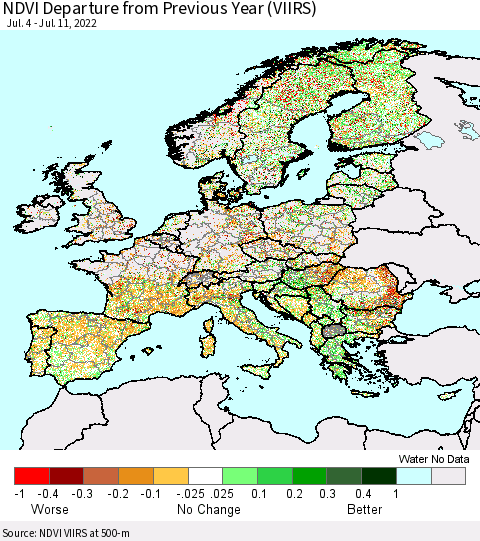Europe NDVI Departure from Previous Year (VIIRS) Thematic Map For 7/4/2022 - 7/11/2022