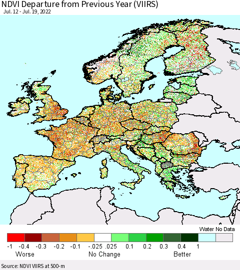 Europe NDVI Departure from Previous Year (VIIRS) Thematic Map For 7/12/2022 - 7/19/2022