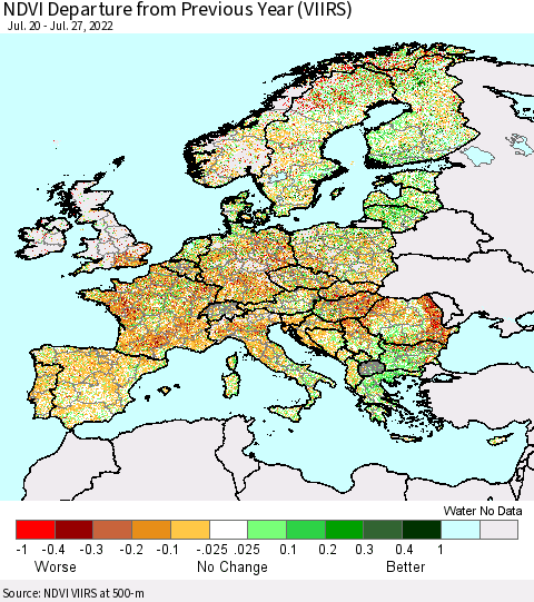 Europe NDVI Departure from Previous Year (VIIRS) Thematic Map For 7/20/2022 - 7/27/2022