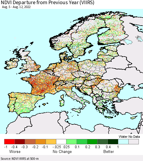 Europe NDVI Departure from Previous Year (VIIRS) Thematic Map For 8/5/2022 - 8/12/2022