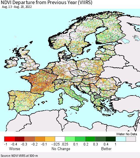 Europe NDVI Departure from Previous Year (VIIRS) Thematic Map For 8/13/2022 - 8/20/2022