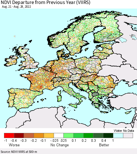 Europe NDVI Departure from Previous Year (VIIRS) Thematic Map For 8/21/2022 - 8/28/2022