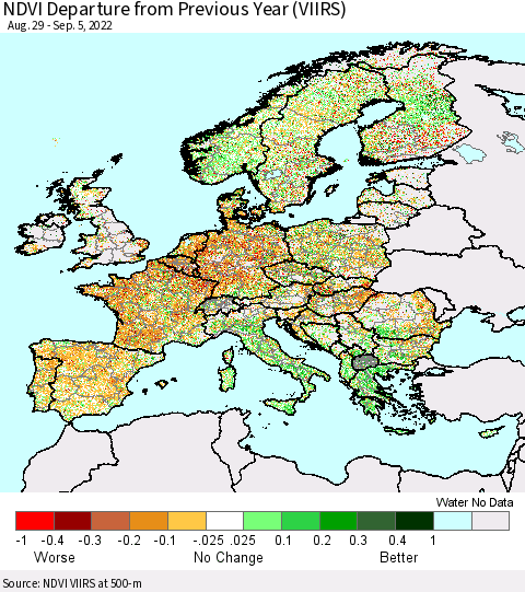 Europe NDVI Departure from Previous Year (VIIRS) Thematic Map For 8/29/2022 - 9/5/2022