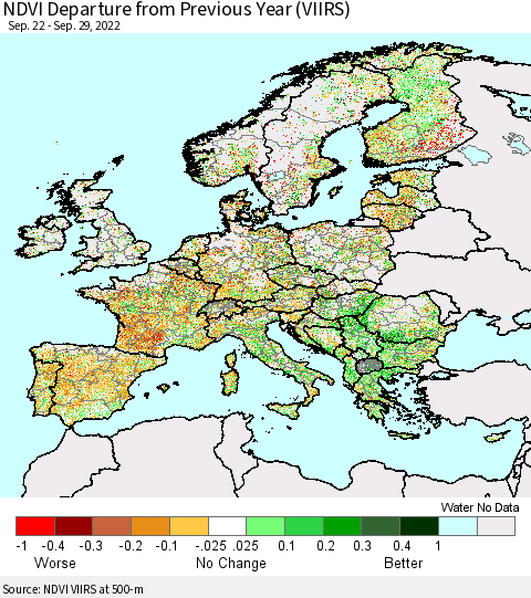 Europe NDVI Departure from Previous Year (VIIRS) Thematic Map For 9/22/2022 - 9/29/2022