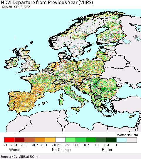 Europe NDVI Departure from Previous Year (VIIRS) Thematic Map For 9/30/2022 - 10/7/2022