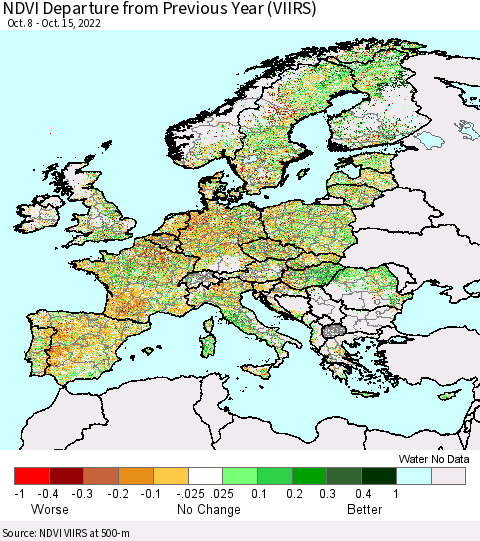 Europe NDVI Departure from Previous Year (VIIRS) Thematic Map For 10/8/2022 - 10/15/2022