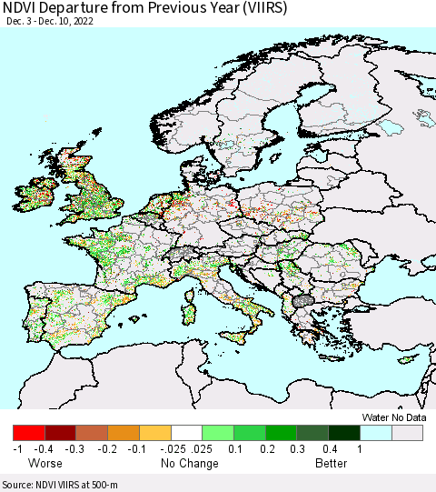 Europe NDVI Departure from Previous Year (VIIRS) Thematic Map For 12/3/2022 - 12/10/2022