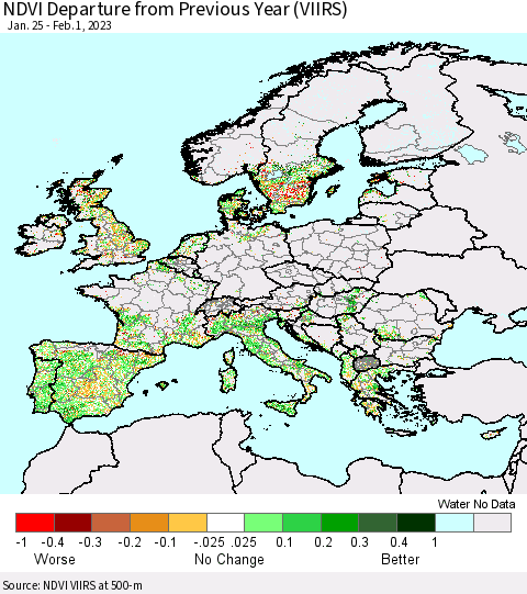 Europe NDVI Departure from Previous Year (VIIRS) Thematic Map For 1/25/2023 - 2/1/2023