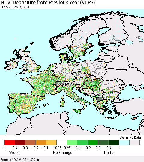 Europe NDVI Departure from Previous Year (VIIRS) Thematic Map For 2/2/2023 - 2/9/2023