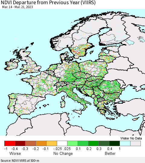 Europe NDVI Departure from Previous Year (VIIRS) Thematic Map For 3/14/2023 - 3/21/2023