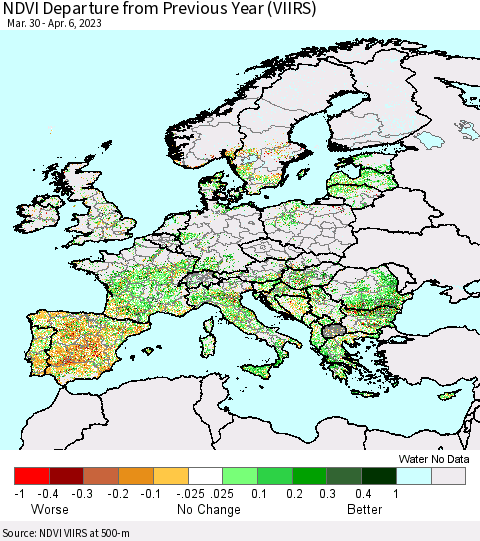 Europe NDVI Departure from Previous Year (VIIRS) Thematic Map For 3/30/2023 - 4/6/2023