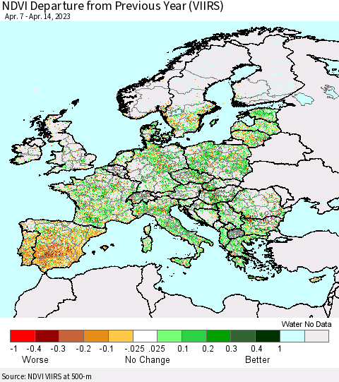 Europe NDVI Departure from Previous Year (VIIRS) Thematic Map For 4/7/2023 - 4/14/2023