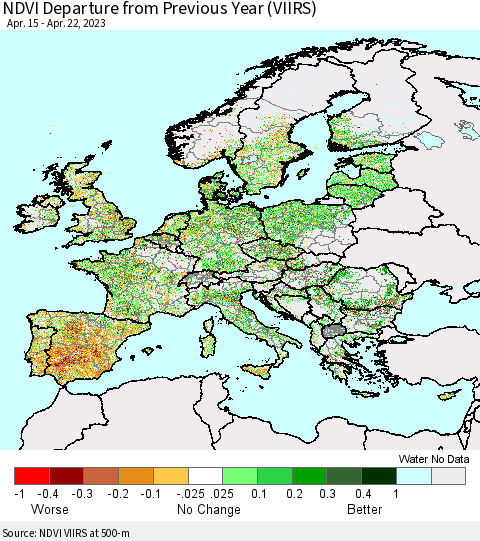 Europe NDVI Departure from Previous Year (VIIRS) Thematic Map For 4/15/2023 - 4/22/2023
