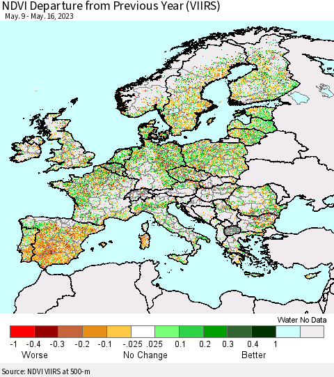 Europe NDVI Departure from Previous Year (VIIRS) Thematic Map For 5/9/2023 - 5/16/2023
