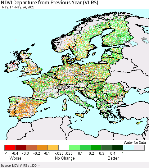 Europe NDVI Departure from Previous Year (VIIRS) Thematic Map For 5/17/2023 - 5/24/2023