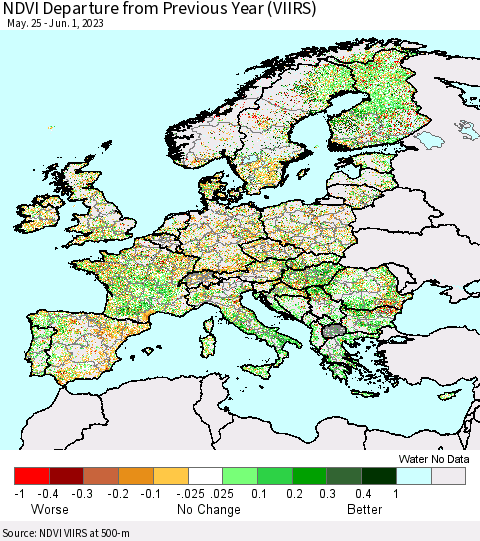 Europe NDVI Departure from Previous Year (VIIRS) Thematic Map For 5/25/2023 - 6/1/2023