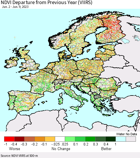 Europe NDVI Departure from Previous Year (VIIRS) Thematic Map For 6/2/2023 - 6/9/2023
