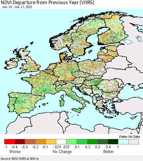 Europe NDVI Departure from Previous Year (VIIRS) Thematic Map For 6/10/2023 - 6/17/2023