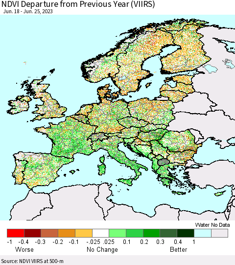 Europe NDVI Departure from Previous Year (VIIRS) Thematic Map For 6/18/2023 - 6/25/2023