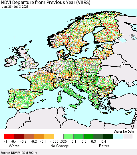 Europe NDVI Departure from Previous Year (VIIRS) Thematic Map For 6/26/2023 - 7/3/2023