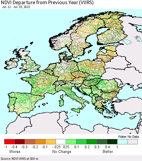 Europe NDVI Departure from Previous Year (VIIRS) Thematic Map For 7/12/2023 - 7/19/2023