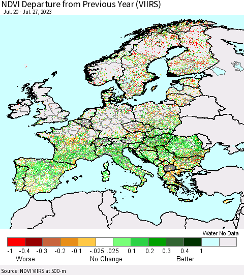 Europe NDVI Departure from Previous Year (VIIRS) Thematic Map For 7/20/2023 - 7/27/2023