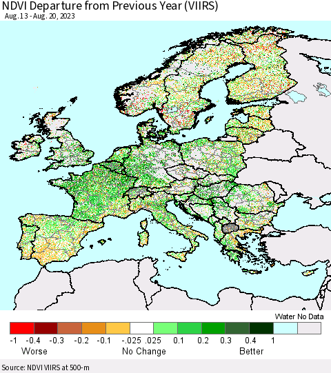 Europe NDVI Departure from Previous Year (VIIRS) Thematic Map For 8/13/2023 - 8/20/2023