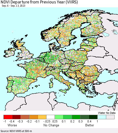 Europe NDVI Departure from Previous Year (VIIRS) Thematic Map For 9/6/2023 - 9/13/2023