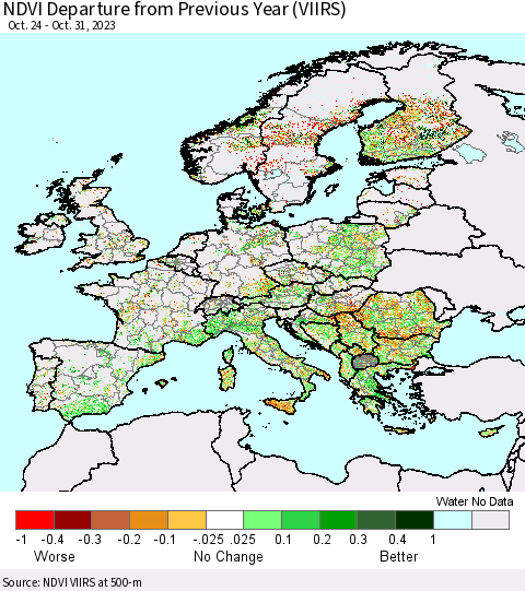 Europe NDVI Departure from Previous Year (VIIRS) Thematic Map For 10/24/2023 - 10/31/2023
