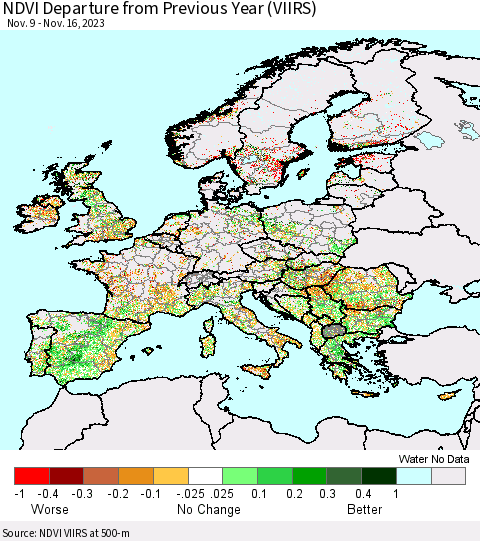 Europe NDVI Departure from Previous Year (VIIRS) Thematic Map For 11/9/2023 - 11/16/2023