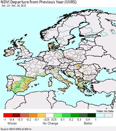 Europe NDVI Departure from Previous Year (VIIRS) Thematic Map For 12/19/2023 - 12/26/2023