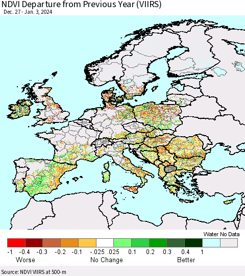 Europe NDVI Departure from Previous Year (VIIRS) Thematic Map For 12/27/2023 - 1/3/2024