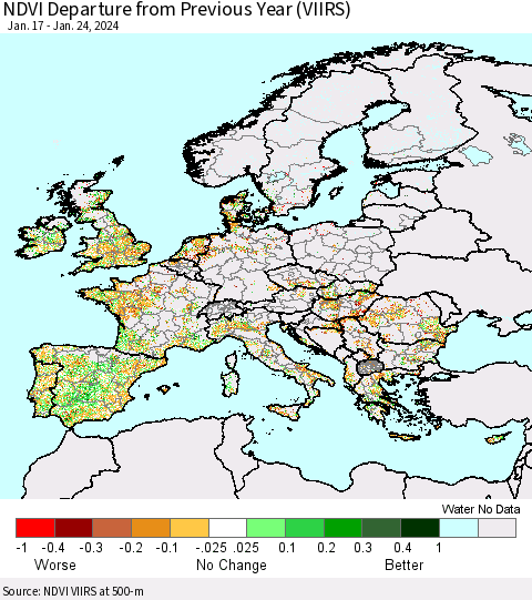 Europe NDVI Departure from Previous Year (VIIRS) Thematic Map For 1/17/2024 - 1/24/2024