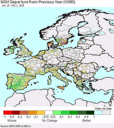 Europe NDVI Departure from Previous Year (VIIRS) Thematic Map For 1/25/2024 - 2/1/2024