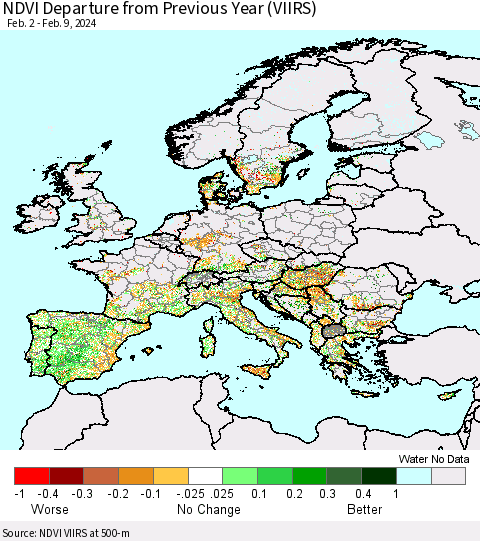 Europe NDVI Departure from Previous Year (VIIRS) Thematic Map For 2/2/2024 - 2/9/2024