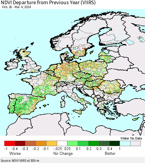 Europe NDVI Departure from Previous Year (VIIRS) Thematic Map For 2/26/2024 - 3/4/2024