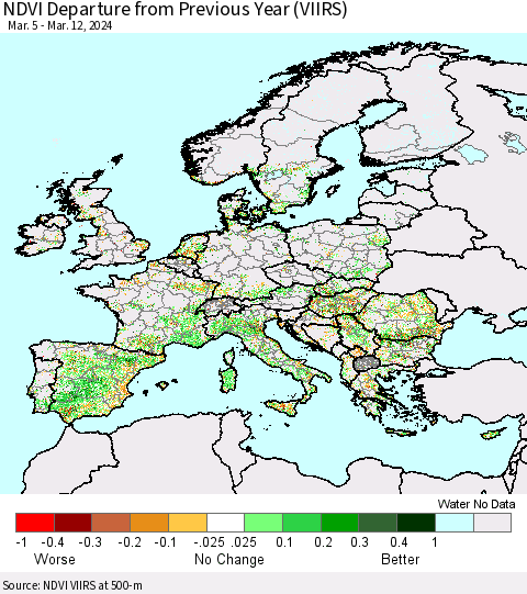 Europe NDVI Departure from Previous Year (VIIRS) Thematic Map For 3/5/2024 - 3/12/2024