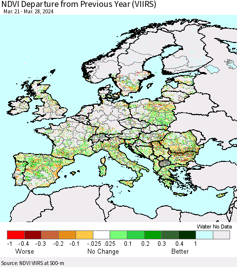 Europe NDVI Departure from Previous Year (VIIRS) Thematic Map For 3/21/2024 - 3/28/2024