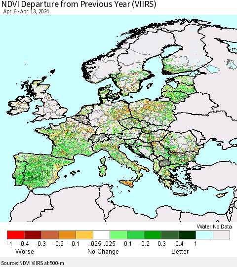 Europe NDVI Departure from Previous Year (VIIRS) Thematic Map For 4/6/2024 - 4/13/2024