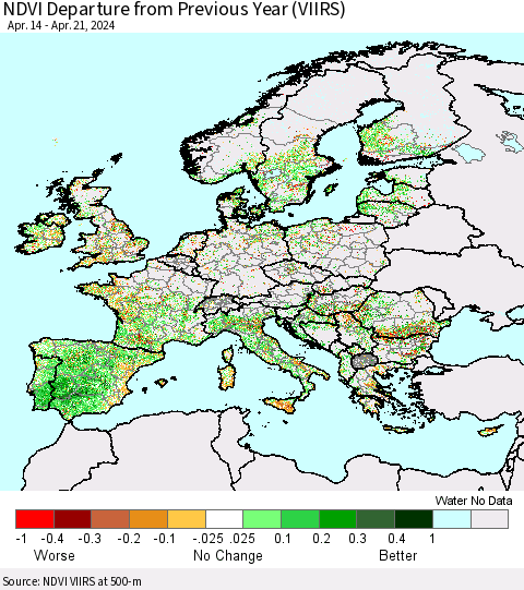 Europe NDVI Departure from Previous Year (VIIRS) Thematic Map For 4/14/2024 - 4/21/2024