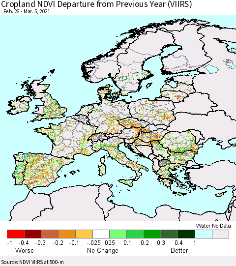 Europe Cropland NDVI Departure from Previous Year (VIIRS) Thematic Map For 2/26/2021 - 3/5/2021