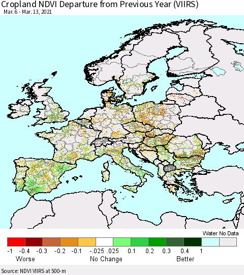 Europe Cropland NDVI Departure from Previous Year (VIIRS) Thematic Map For 3/6/2021 - 3/13/2021