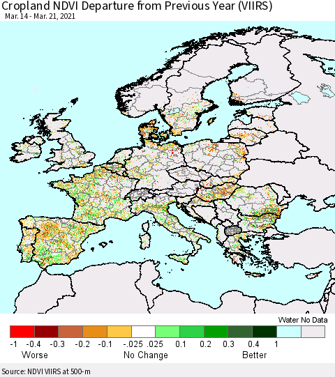 Europe Cropland NDVI Departure from Previous Year (VIIRS) Thematic Map For 3/14/2021 - 3/21/2021