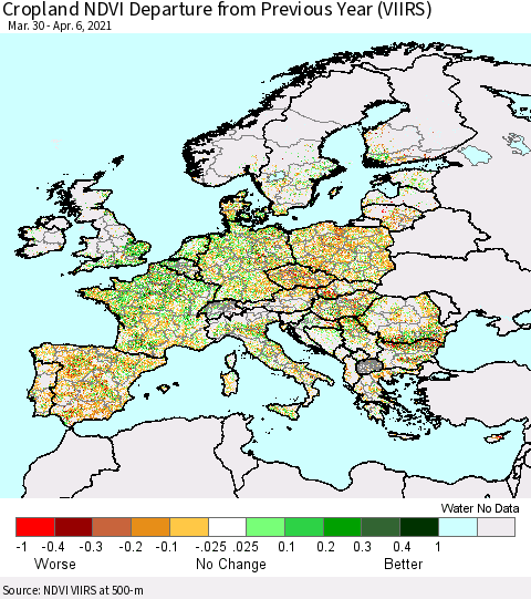 Europe Cropland NDVI Departure from Previous Year (VIIRS) Thematic Map For 3/30/2021 - 4/6/2021