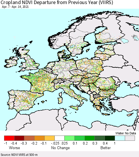 Europe Cropland NDVI Departure from Previous Year (VIIRS) Thematic Map For 4/7/2021 - 4/14/2021