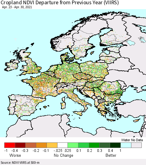 Europe Cropland NDVI Departure from Previous Year (VIIRS) Thematic Map For 4/23/2021 - 4/30/2021